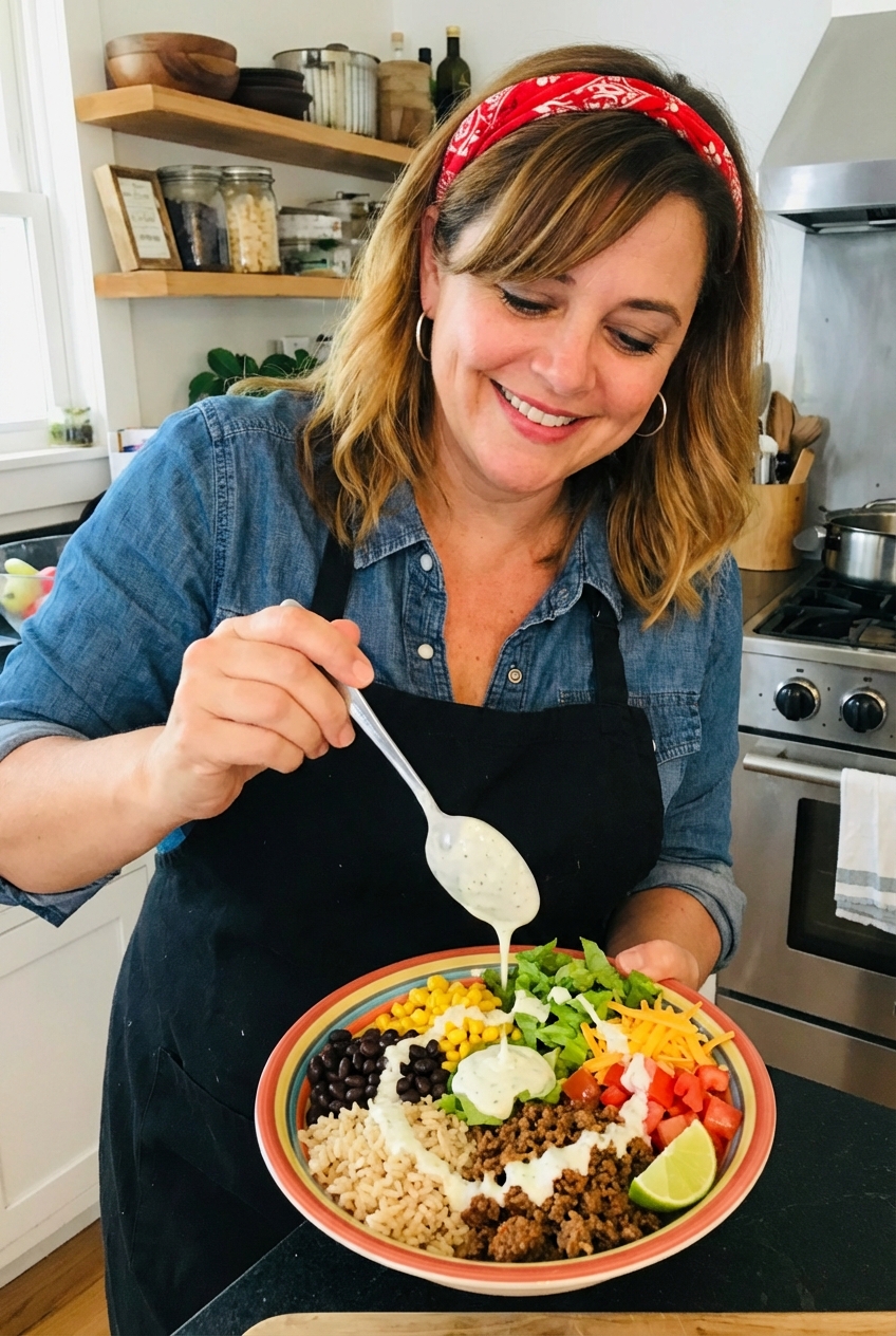 A real photograph of a finished beef taco bowl being drizzled with creamy lime yogurt sauce from a spoon