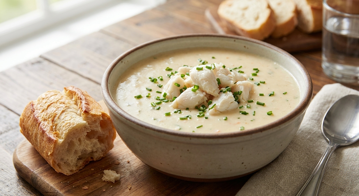 A real photograph of a finished bowl of creamy she-crab soup topped with lump crab and chopped chives, sitting on a dining table with crusty bread in the background