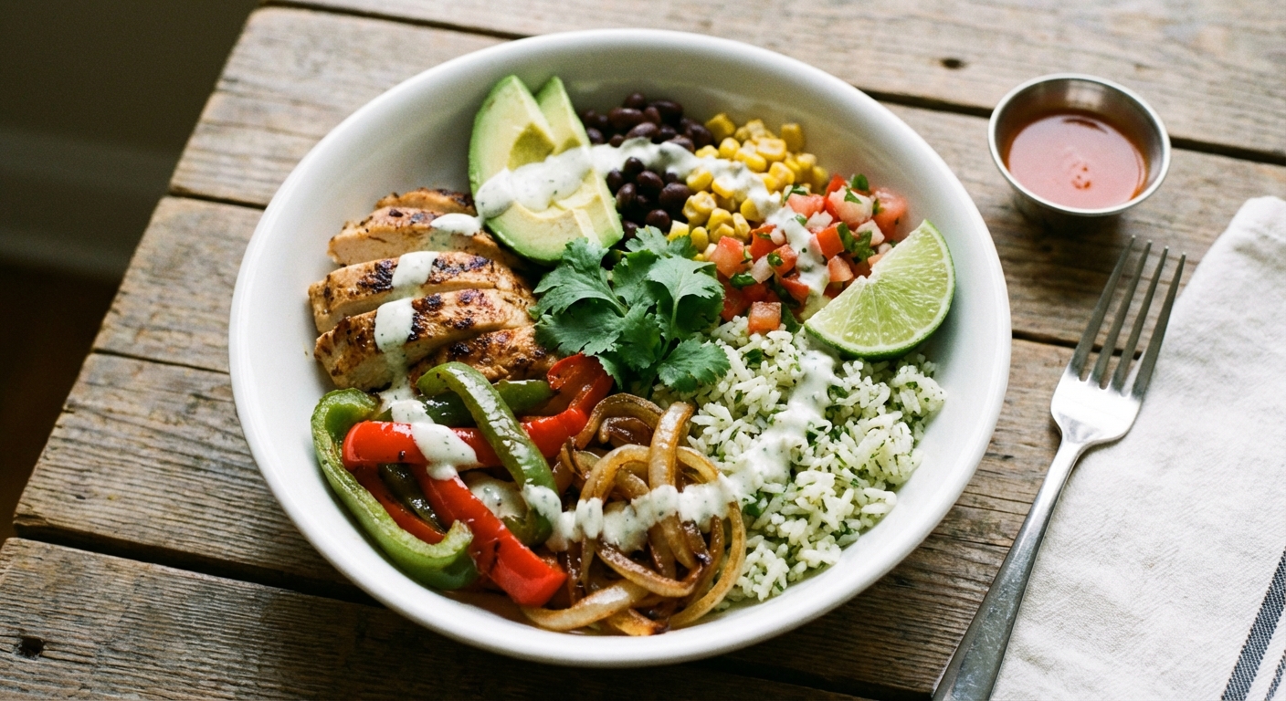 A real photograph of a finished fajita bowl with sliced chicken, peppers and onions, rice, and a drizzle of lime yogurt sauce in a white bowl on a wooden table