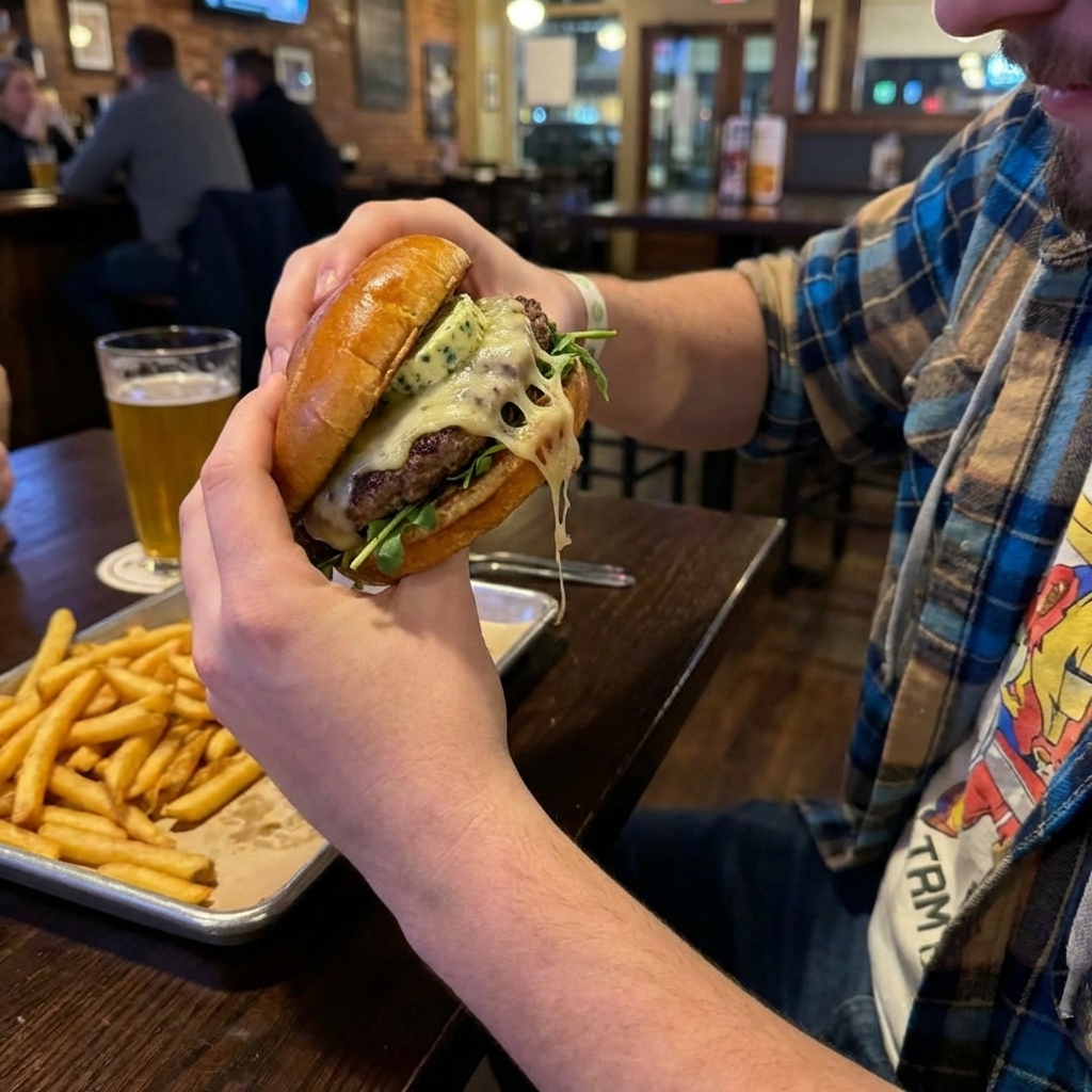 A real photograph of a finished herb-butter burger being held with both hands, melted cheese stretching slightly, with a tray of fries blurred in the background