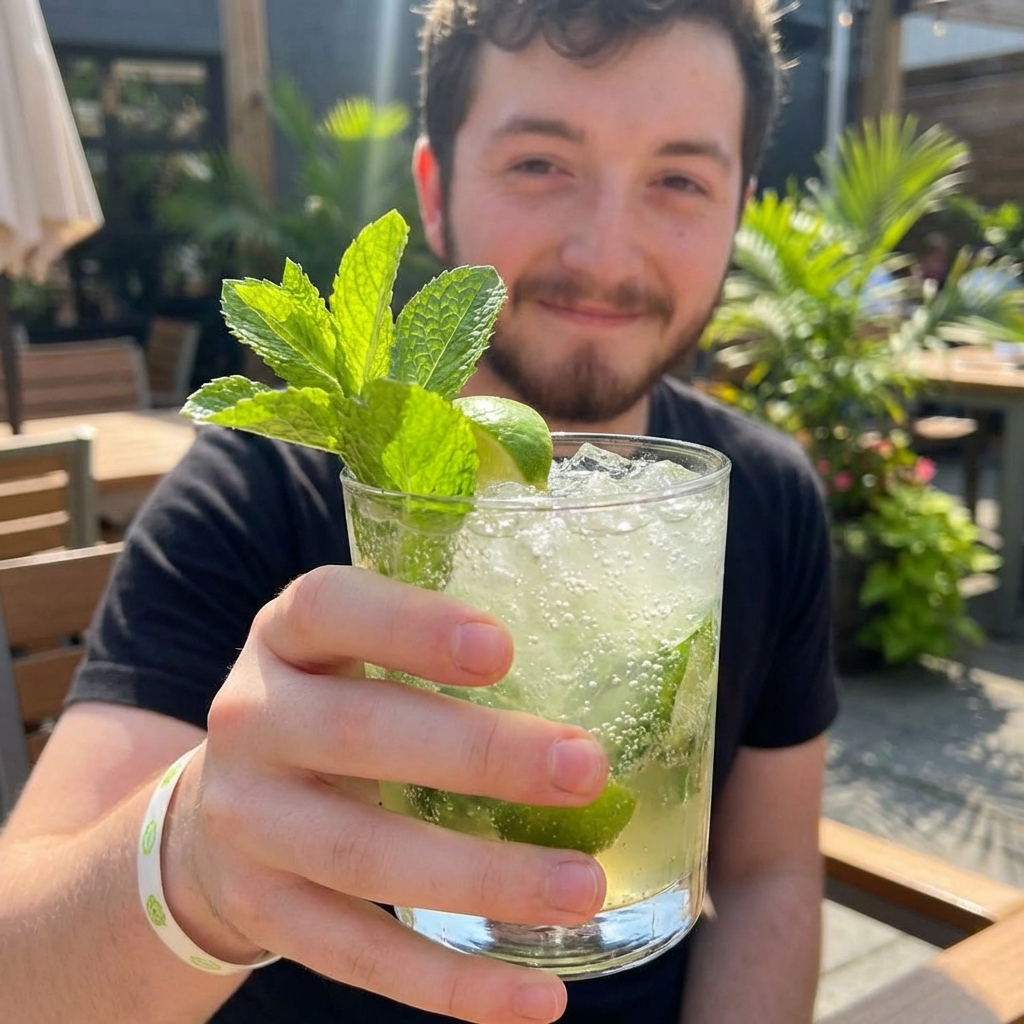 A real photograph of a finished mojito being held in a hand outdoors, with a fresh mint sprig and lime wedge garnish and visible bubbles in the glass
