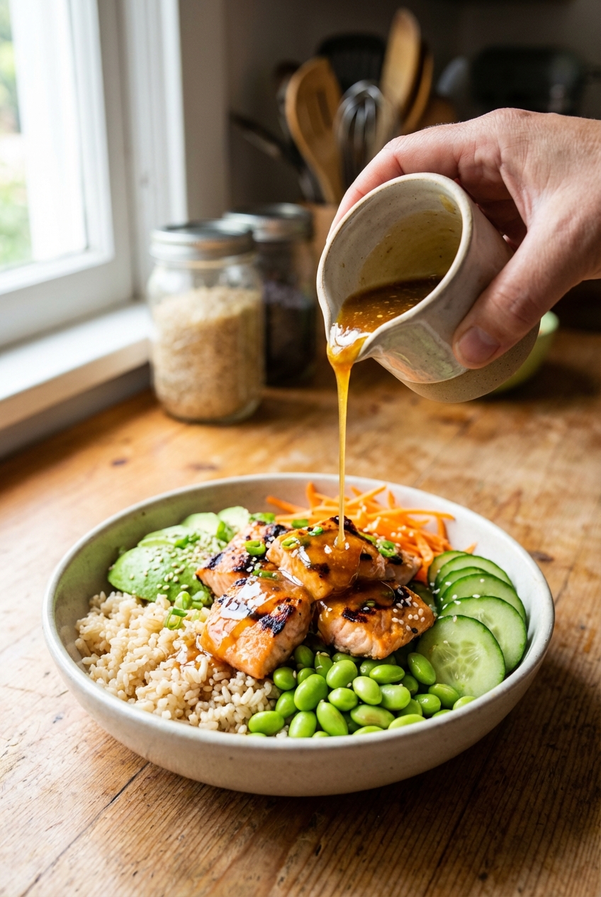 A real photograph of a finished salmon bowl being drizzled with glossy honey garlic sauce