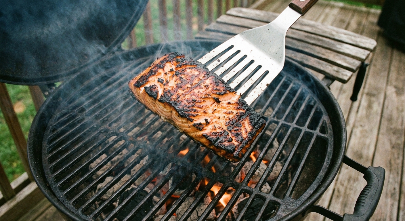 A real photograph of a fish spatula lifting a grilled salmon fillet from the grill grate with visible charred edges