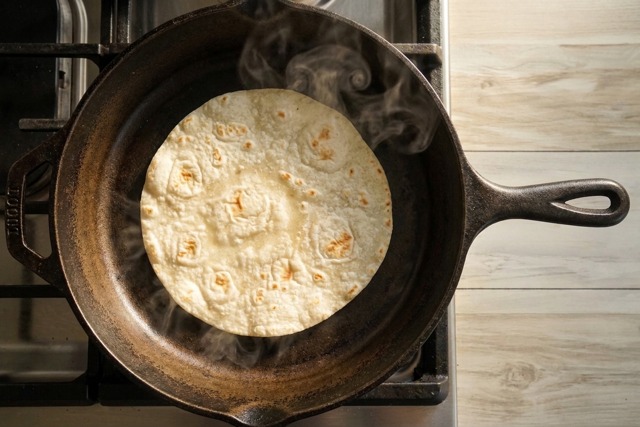 A real photograph of a flour tortilla warming in a dry cast iron skillet on a stovetop, with soft steam rising