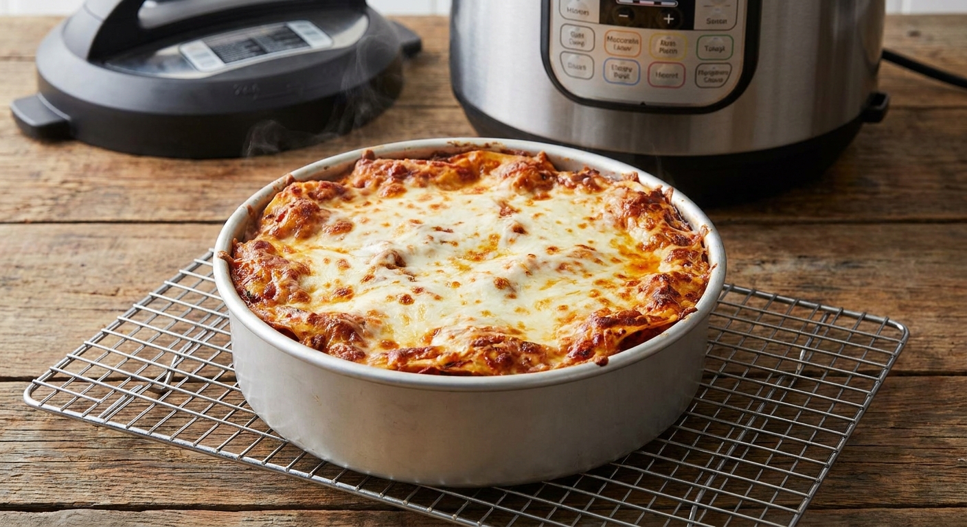 A real photograph of a freshly cooked Instant Pot lasagna resting in a round cake pan on a wire rack with melted mozzarella on top