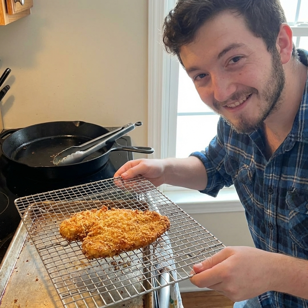 A real photograph of a freshly fried breaded chicken cutlet resting on a wire rack over a sheet pan, crumbs crisp and golden, with a skillet and tongs in the background