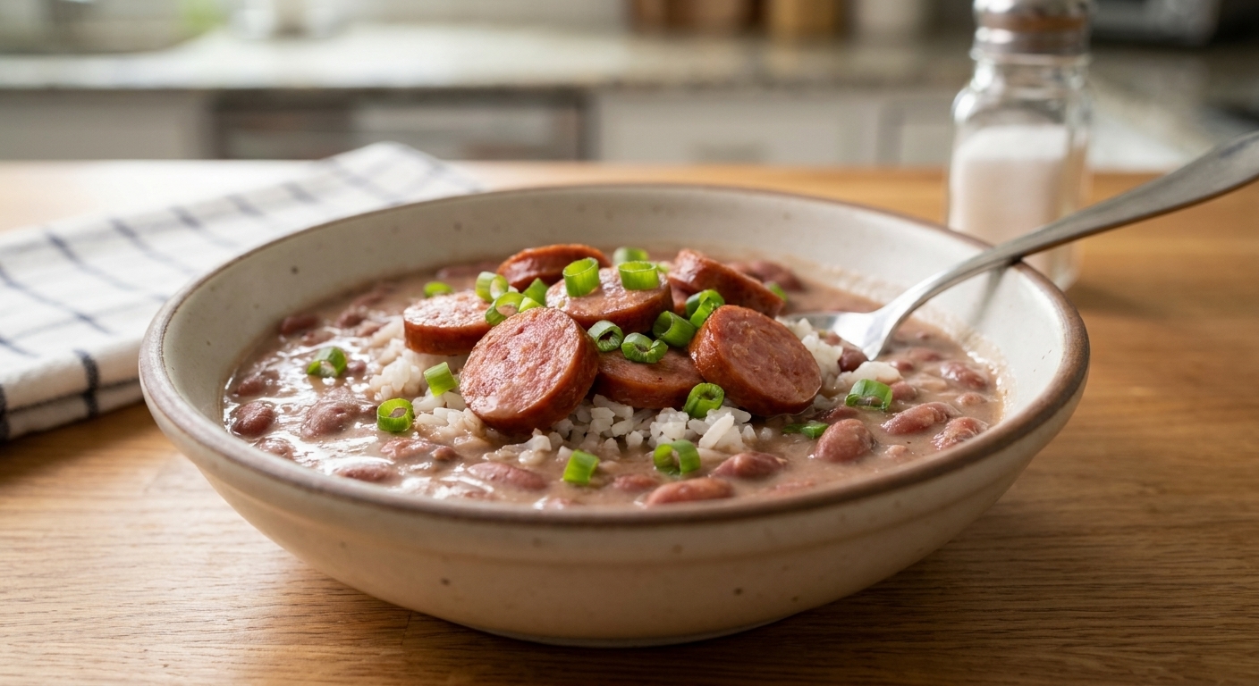A real photograph of a freshly served bowl of red beans and rice with creamy beans, sliced smoked sausage, and chopped green onions on top, shallow depth of field