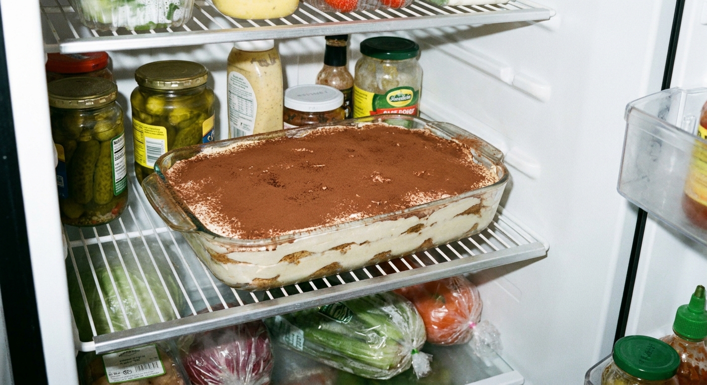 A real photograph of a glass baking dish filled with tiramisu, freshly dusted with cocoa powder, sitting on a refrigerator shelf
