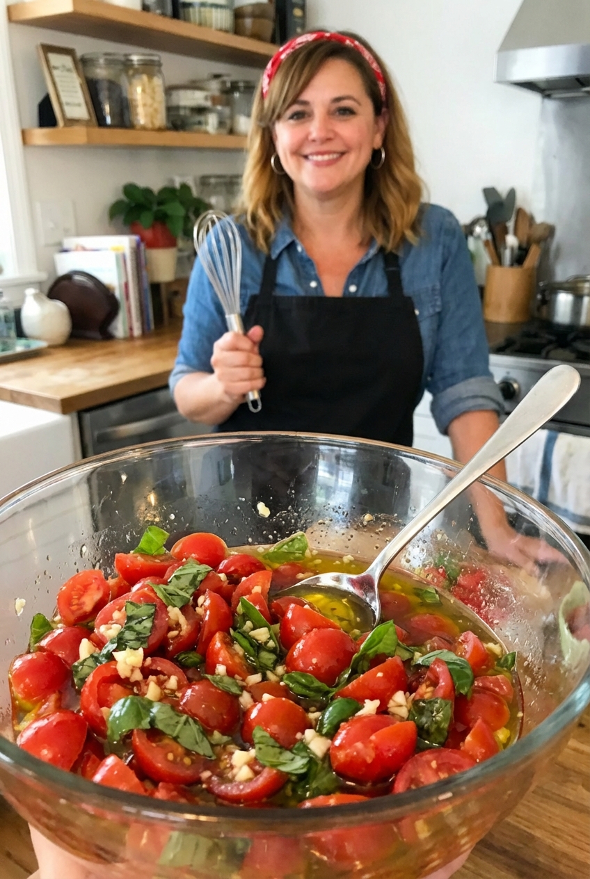 A real photograph of a glass bowl filled with chopped tomatoes, basil, garlic, and olive oil with a spoon resting inside