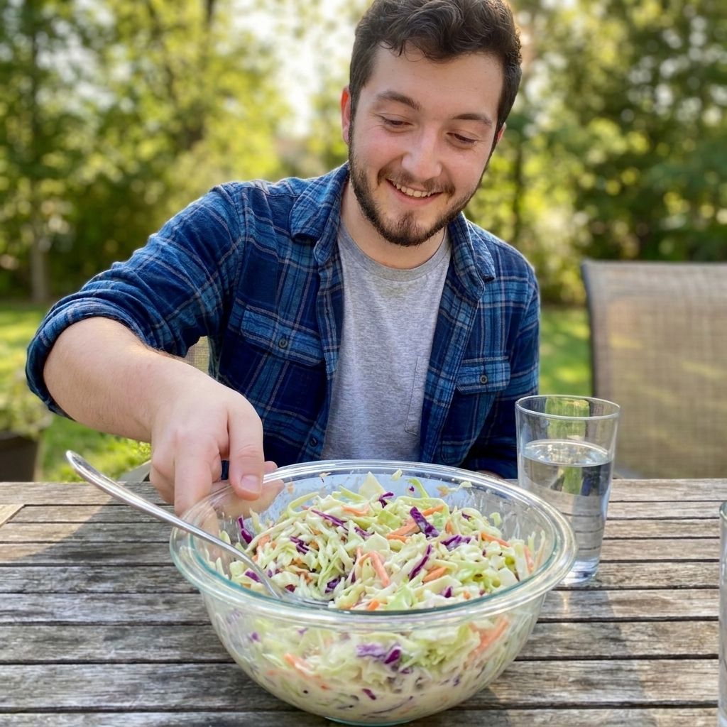 A real photograph of a glass bowl filled with classic creamy coleslaw made with shredded green cabbage, purple cabbage, and carrots, sitting on a wooden outdoor table in natural daylight