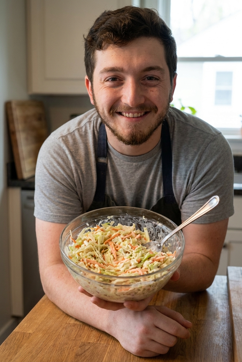 A real photograph of a glass bowl of tangy coleslaw with shredded cabbage and carrots on a kitchen counter, with a spoon resting inside, casual home kitchen lighting