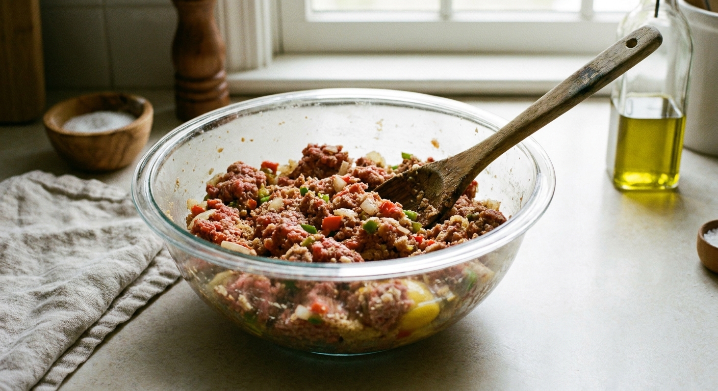 A real photograph of a glass mixing bowl filled with ground beef meatloaf mixture and a wooden spoon resting inside, shot on a clean countertop in natural light