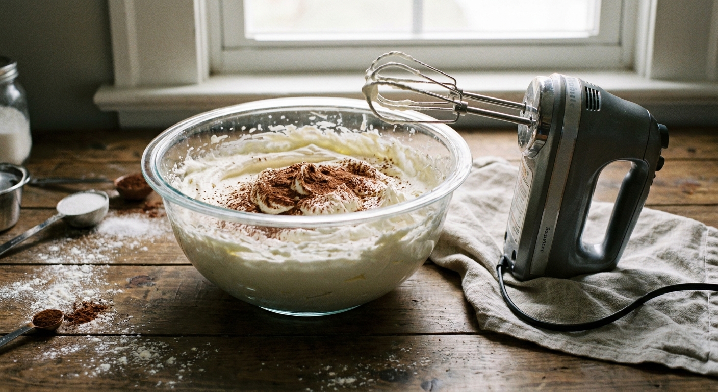 A real photograph of a glass mixing bowl filled with whipped mascarpone cream and a handheld mixer resting nearby on a home kitchen counter