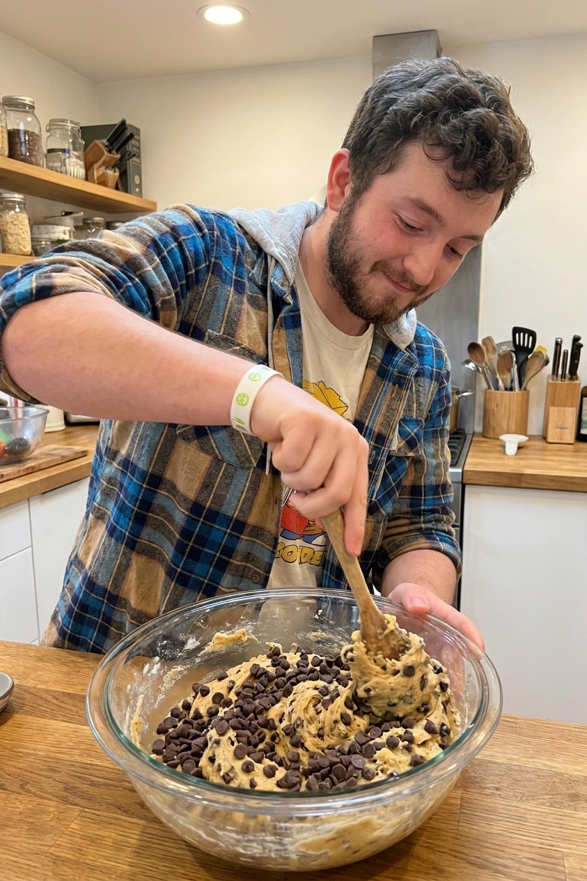 A real photograph of a glass mixing bowl with cookie dough being stirred with a wooden spoon, chocolate chips visible, on a kitchen counter