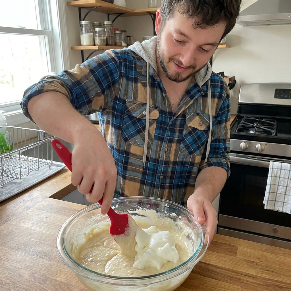 A real photograph of a glass mixing bowl with glossy whipped egg whites and a silicone spatula folding them into pale pancake batter on a kitchen counter