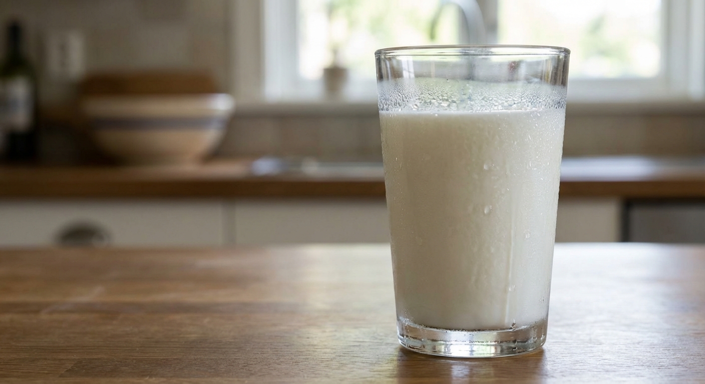 A real photograph of a glass of cold milk with condensation