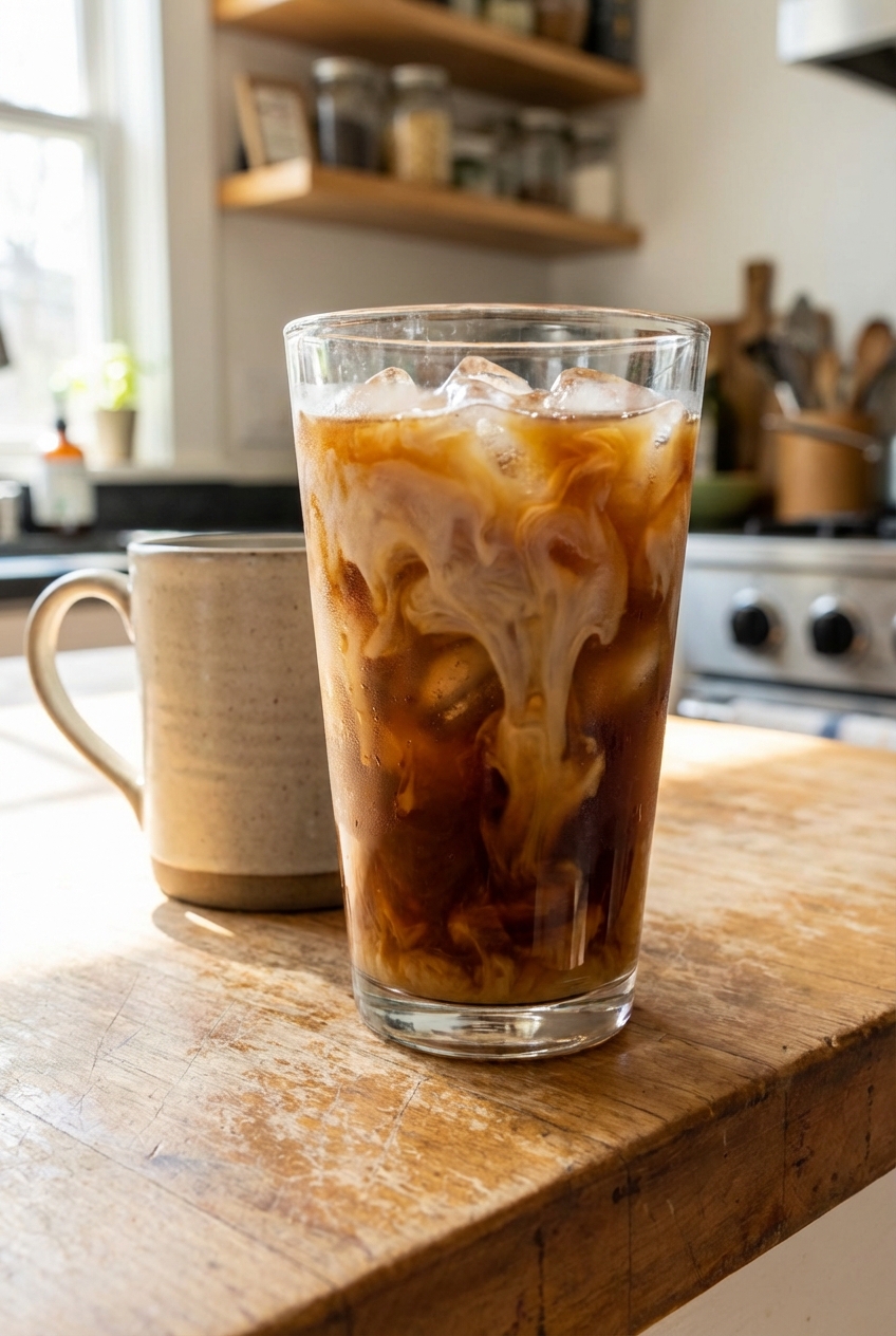 A real photograph of a glass of iced coffee with milk on a kitchen counter in natural light