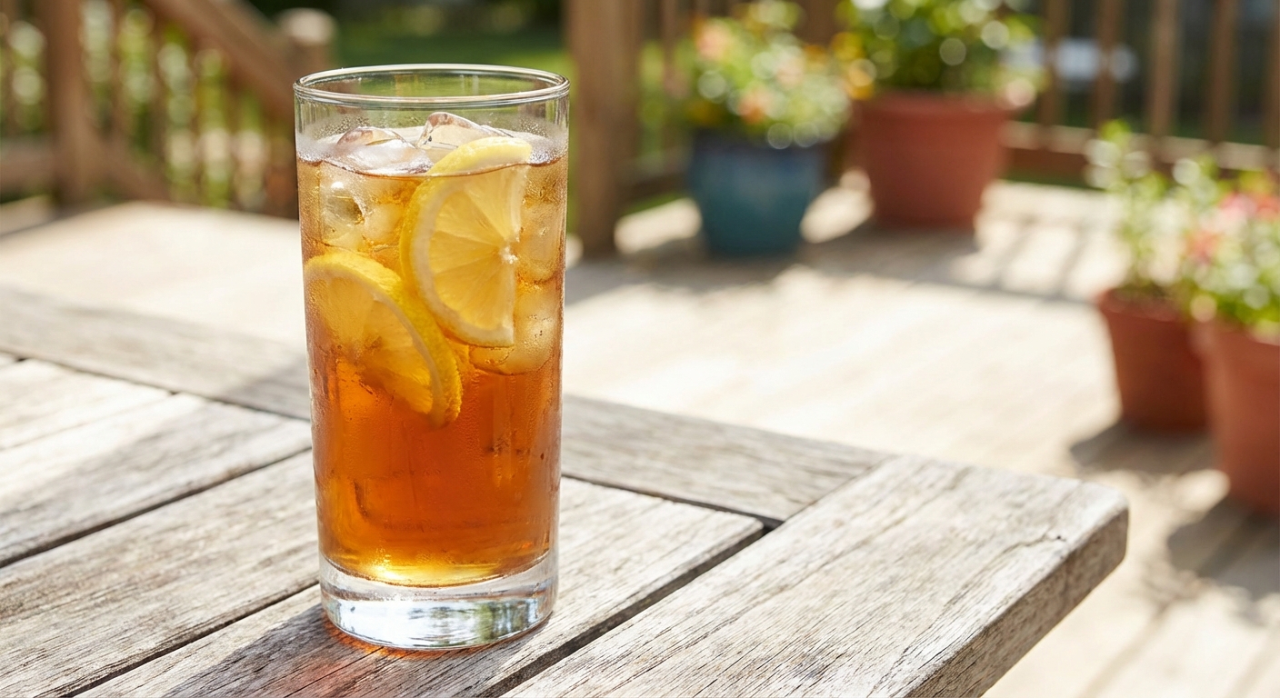 A real photograph of a glass of iced tea with lemon slices on a patio table in daylight
