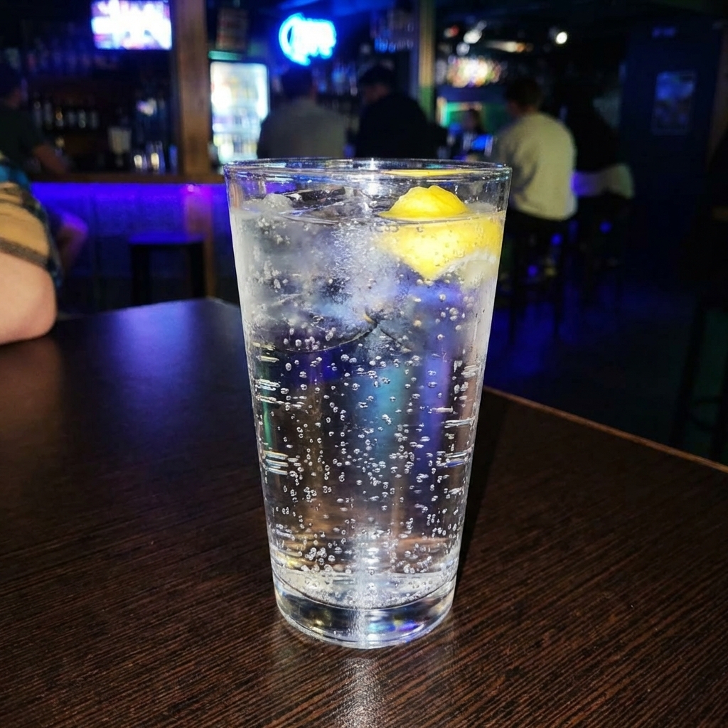 A real photograph of a glass of sparkling water with a twist of lemon on a table