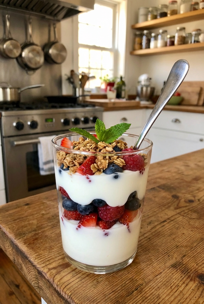 A real photograph of a glass parfait with Greek yogurt, berries, and granola on a kitchen counter