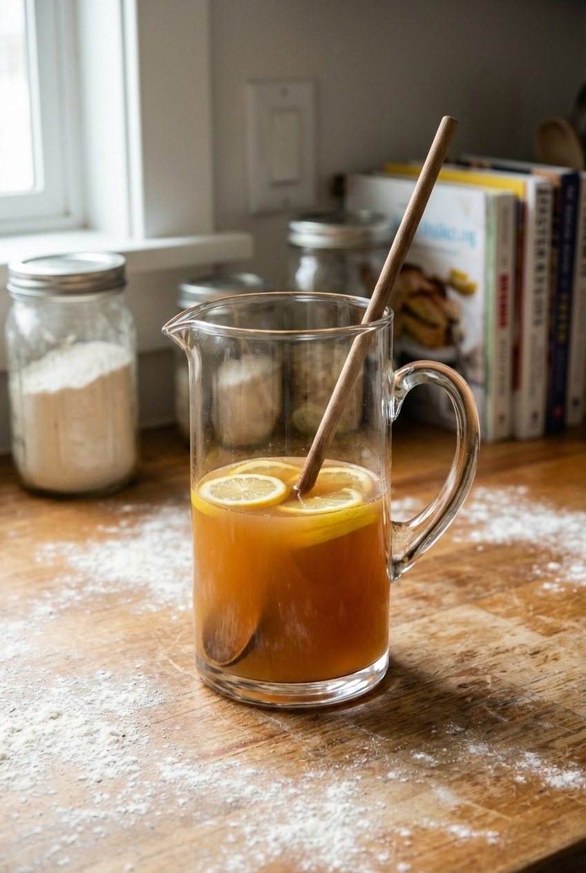 A real photograph of a glass pitcher filled with apple cider mocktail base, lemon slices floating inside, and a wooden spoon on the side of a kitchen counter