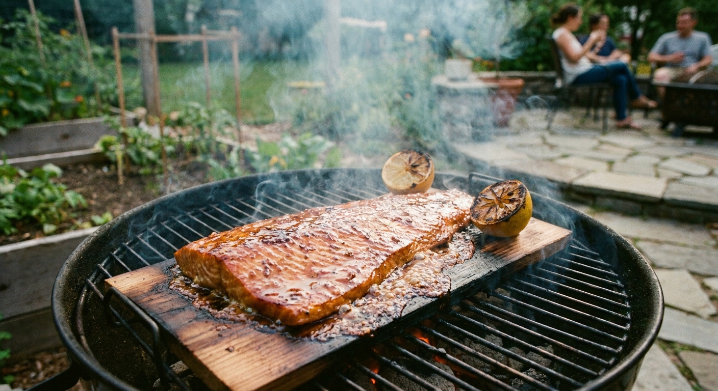 A real photograph of a glazed salmon fillet cooking on a cedar plank over a backyard grill, with light smoke rising and charred lemon halves nearby
