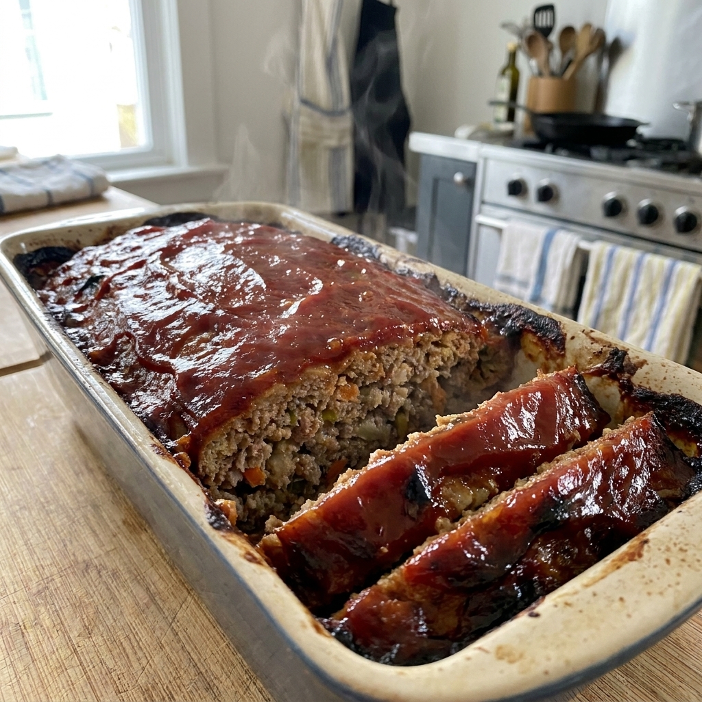 A real photograph of a glossy ketchup-glazed meatloaf fresh from the oven in a loaf pan, with caramelized edges and a few sliced pieces showing a moist interior