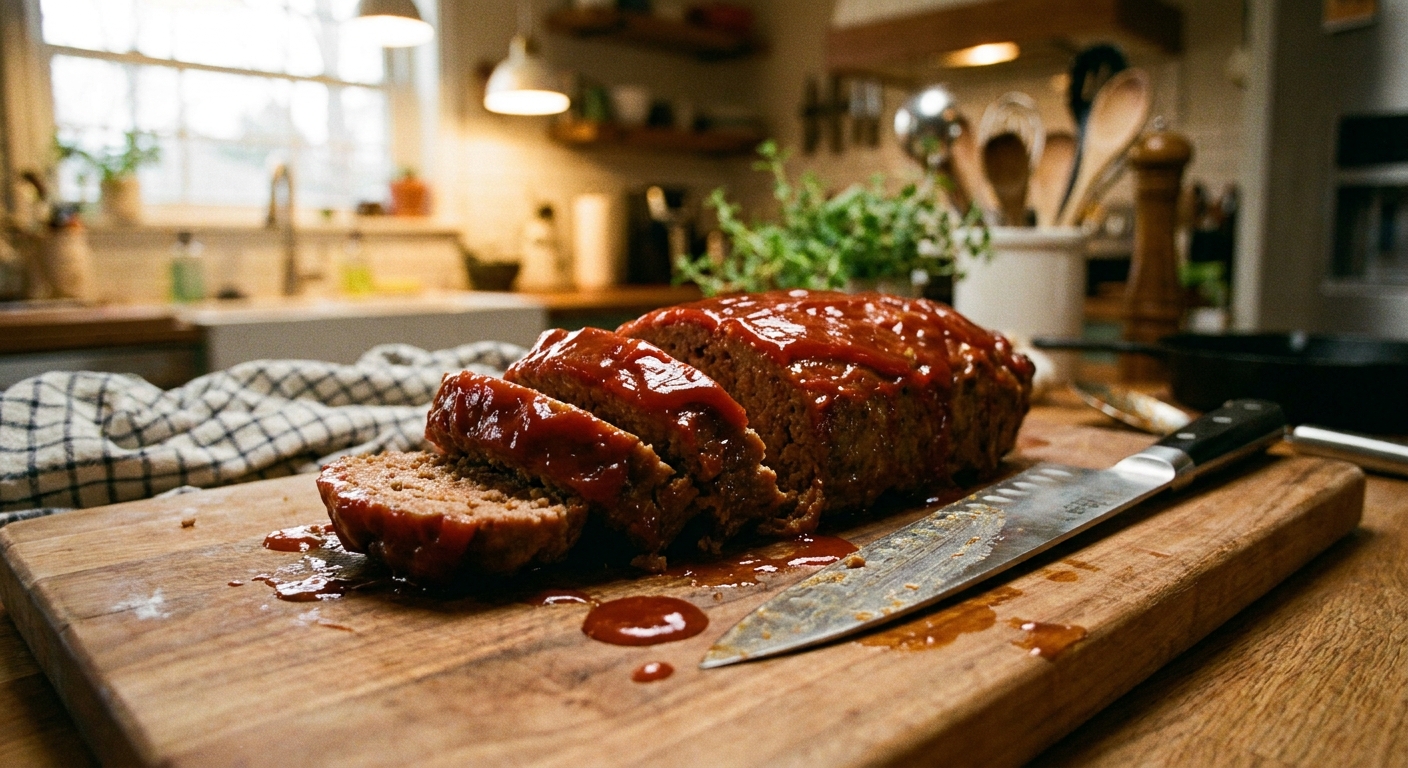 A real photograph of a glossy ketchup-glazed meatloaf sliced thick on a wooden cutting board with a chef's knife nearby and small puddles of glaze, warm kitchen lighting