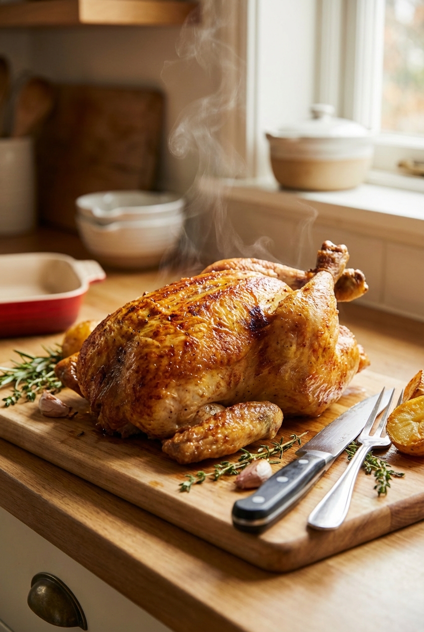 A real photograph of a golden roast chicken resting on a cutting board with crisp skin