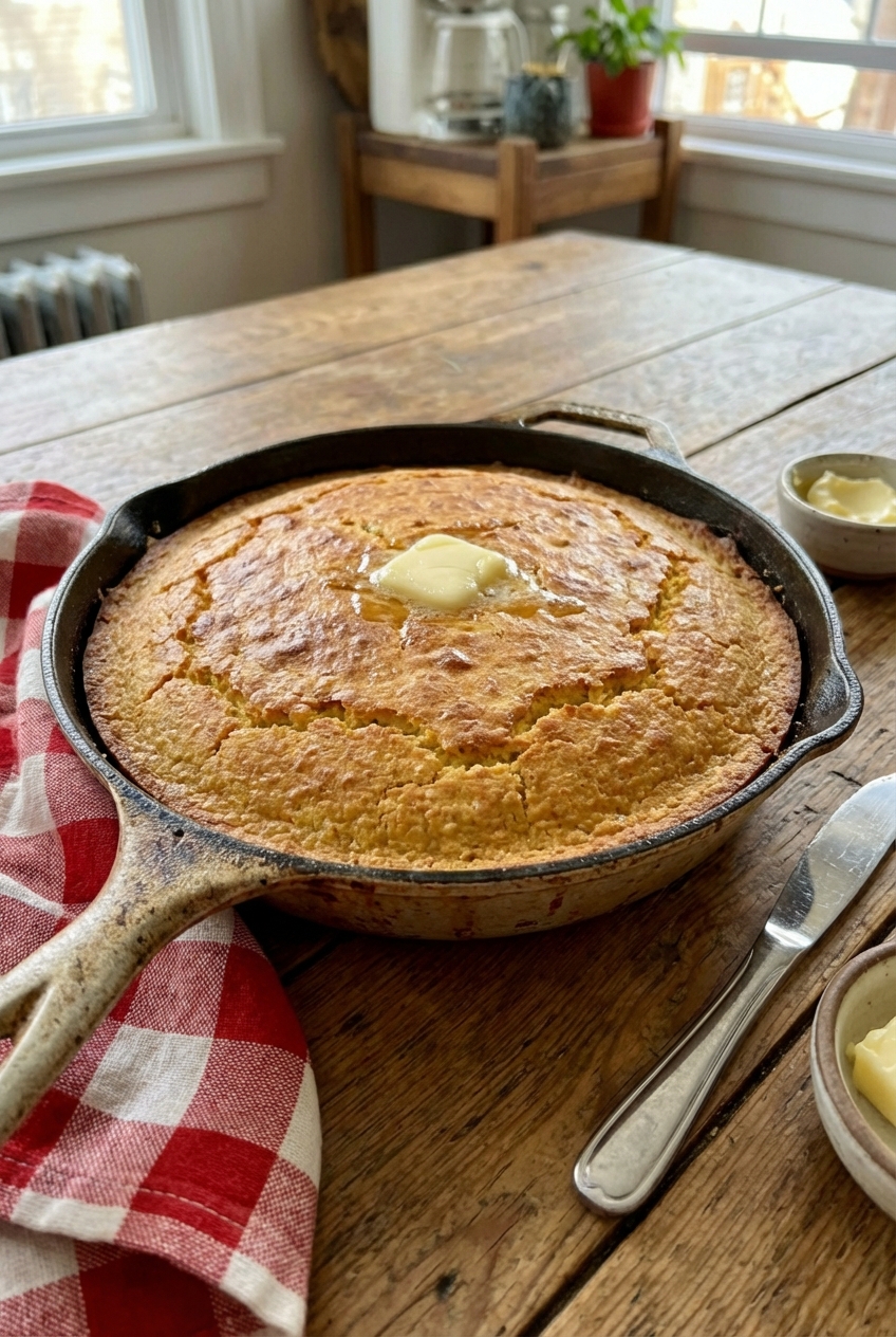 A real photograph of a golden skillet of buttermilk cornbread on a kitchen counter