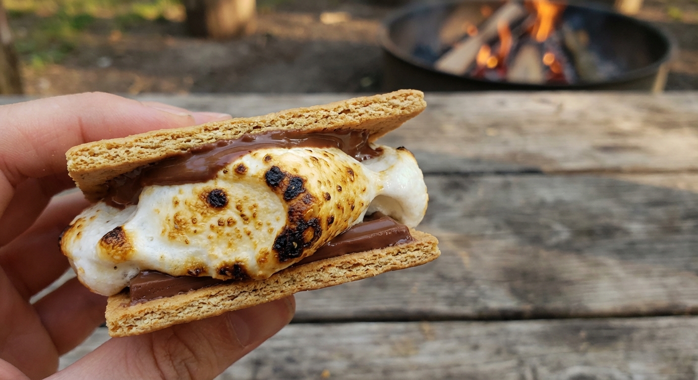 A real photograph of a graham cracker and chocolate s'more with a toasted marshmallow