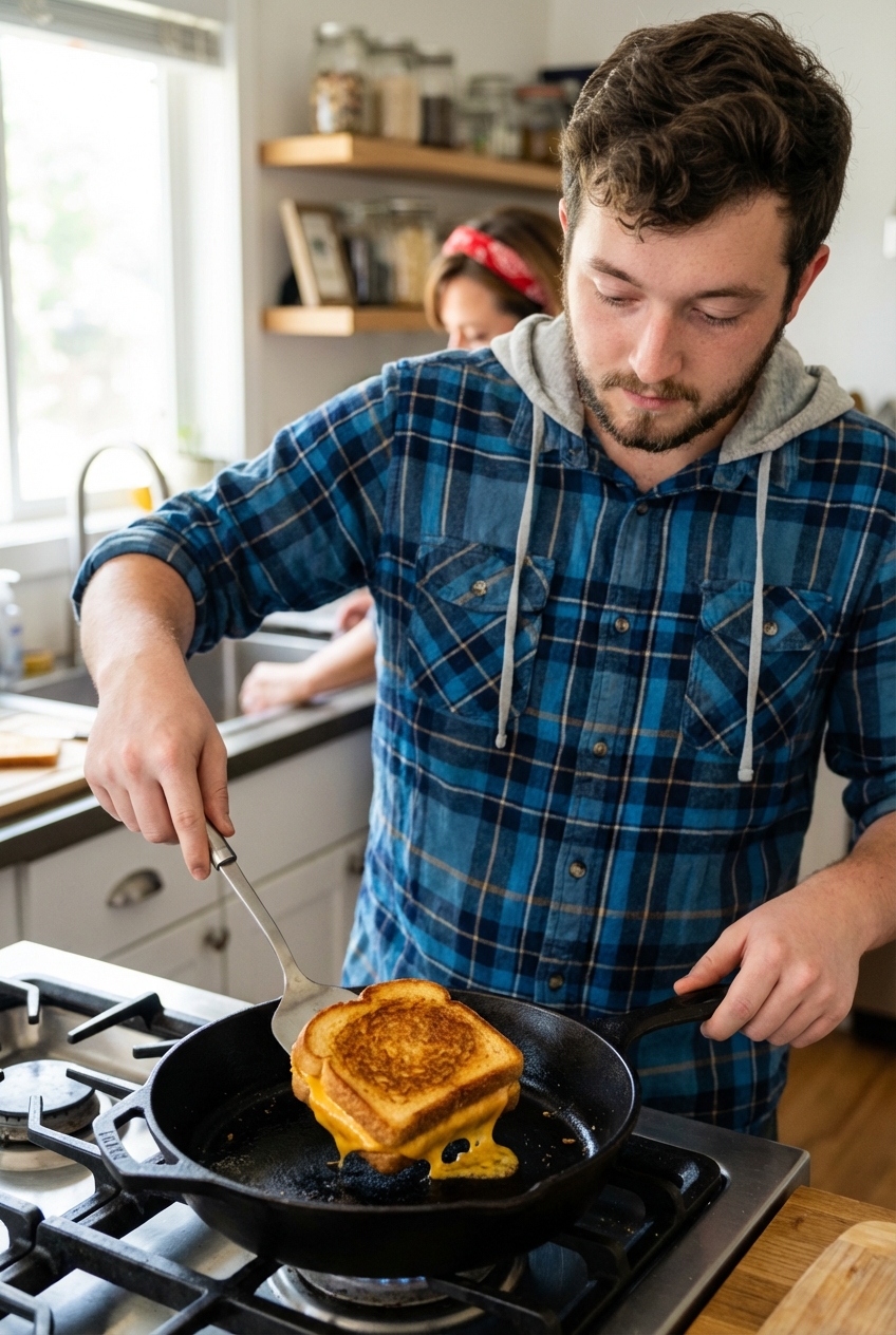 A real photograph of a grilled cheese sandwich cooking in a skillet with a spatula nearby