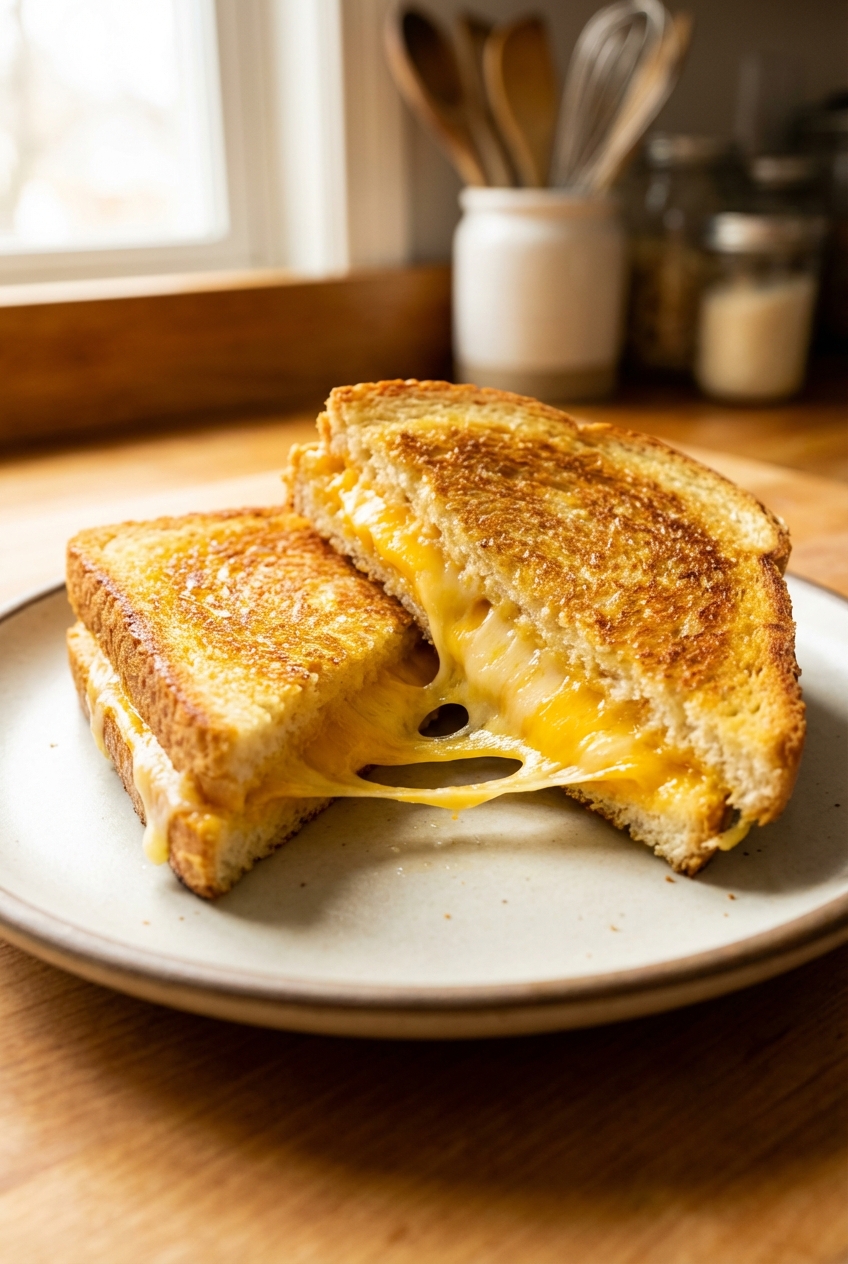 A real photograph of a grilled cheese sandwich cut in half with melted cheese stretching slightly