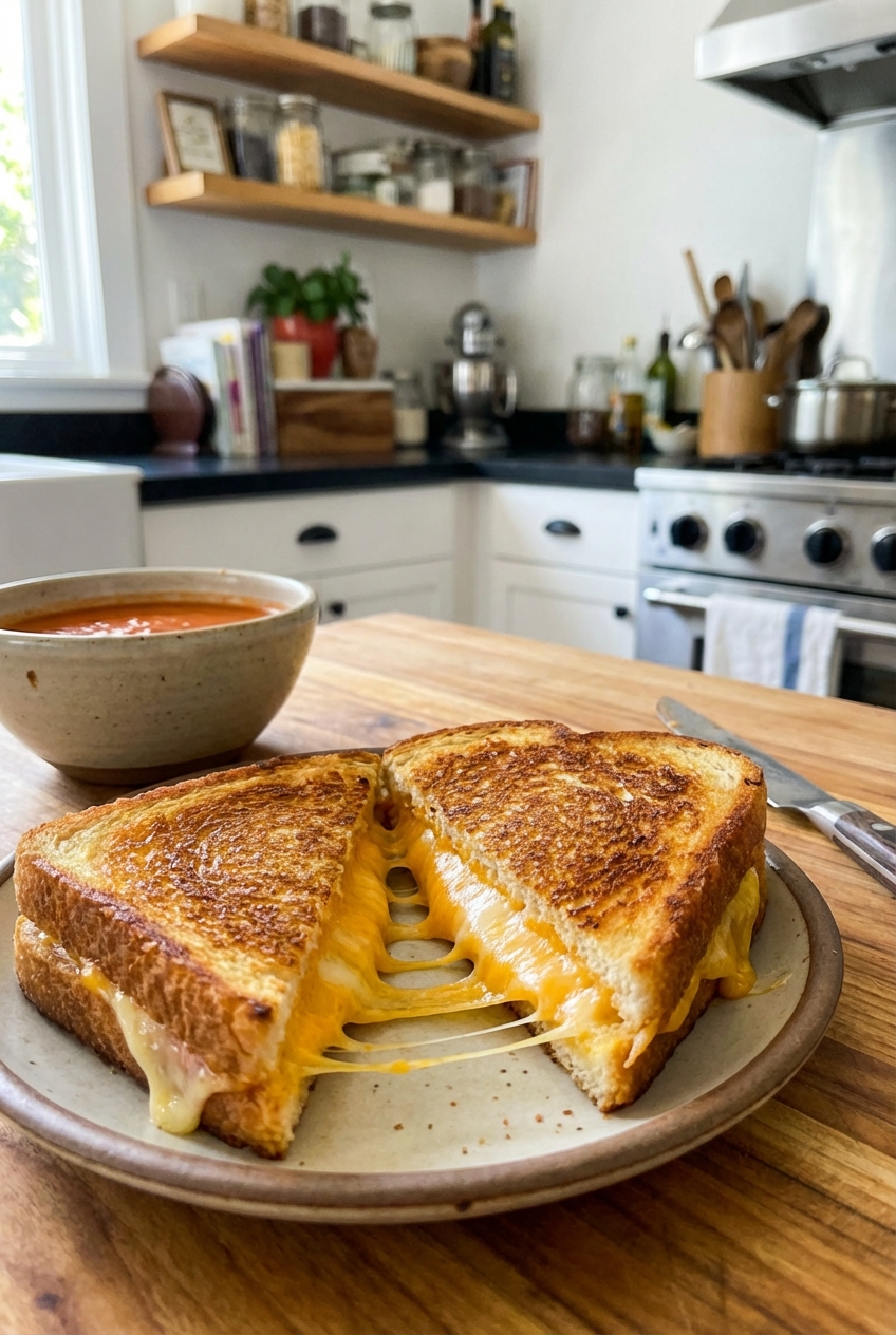 A real photograph of a grilled cheese sandwich cut in half with melted cheese pull