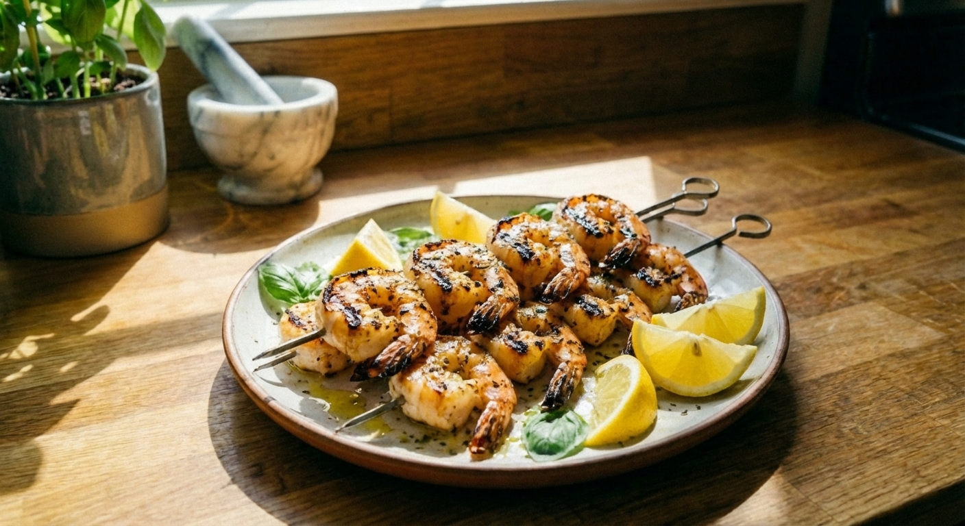 A real photograph of a grilled shrimp skewer with char marks served on a plate with lemon wedges
