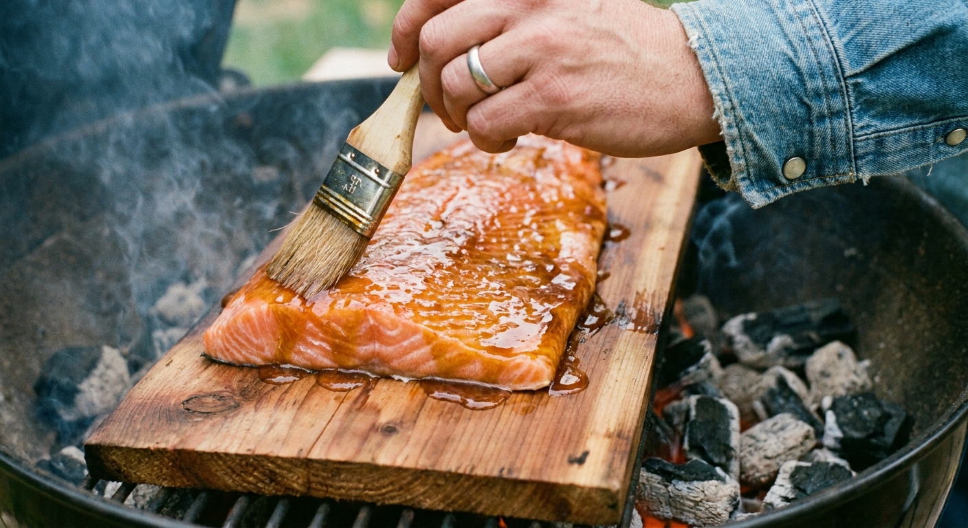 A real photograph of a hand brushing a glossy glaze onto a salmon fillet on a cedar plank before grilling