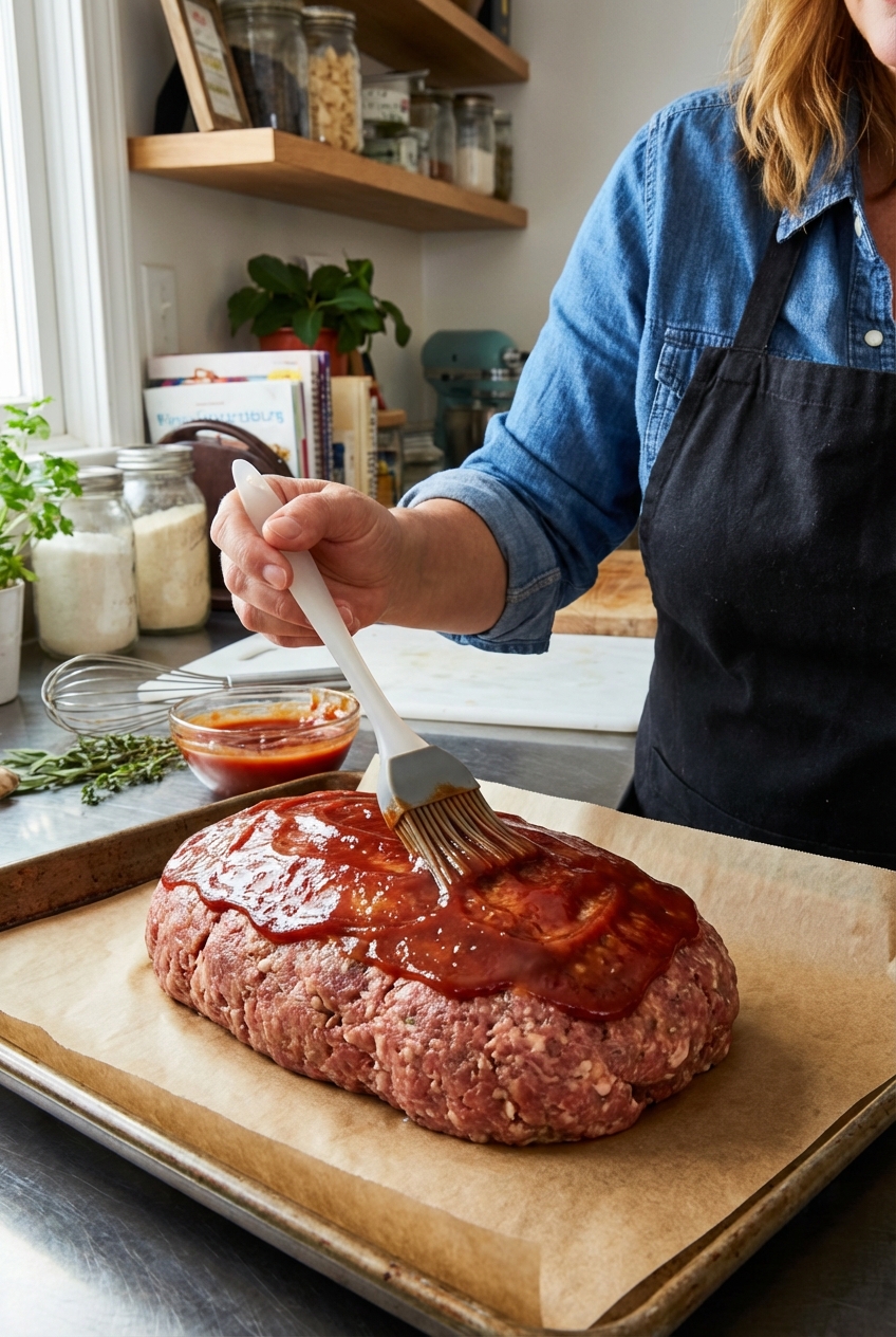 A real photograph of a hand brushing a ketchup glaze over an unbaked meatloaf on a parchment-lined sheet pan