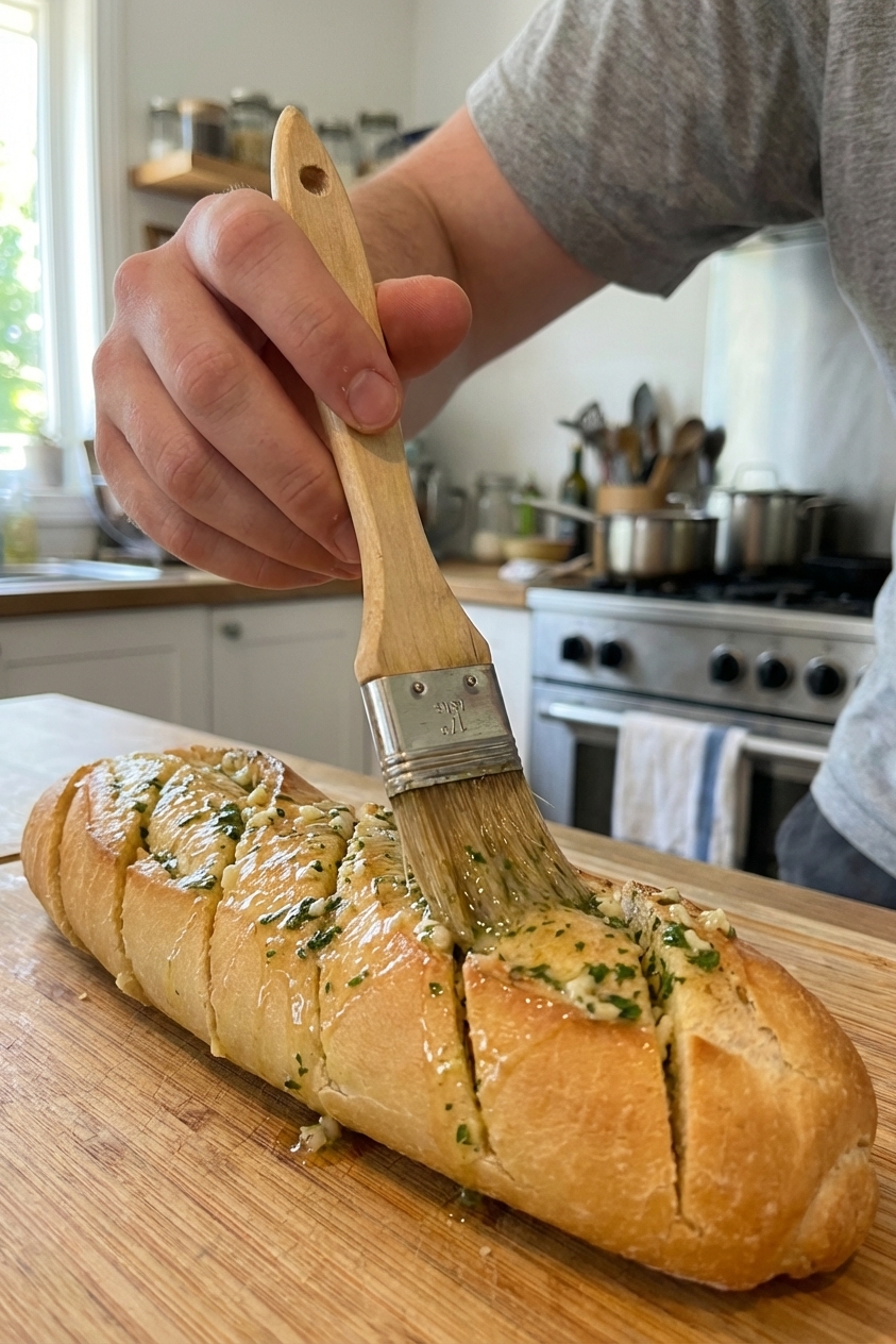 A real photograph of a hand brushing glossy garlic herb butter into the cuts of a sliced loaf of bread on a cutting board, close-up kitchen lighting