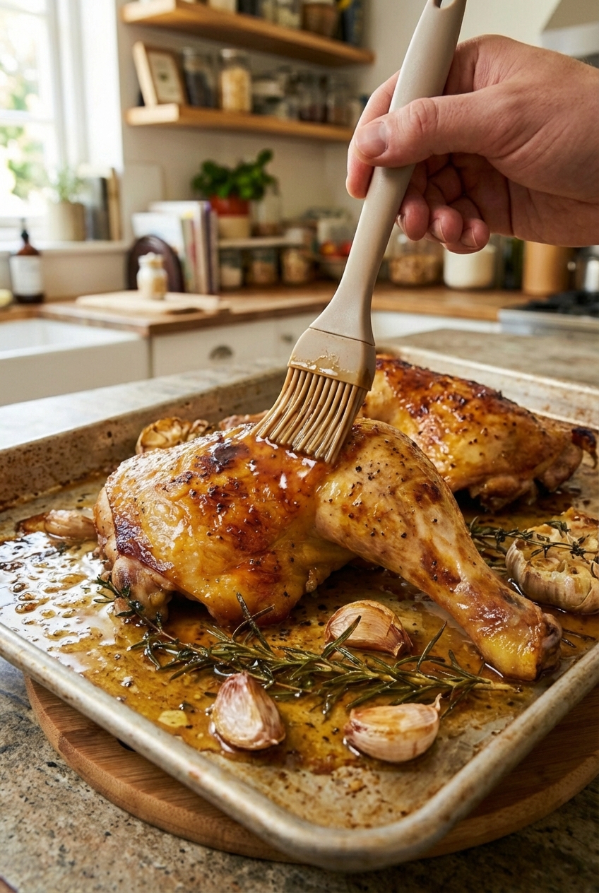A real photograph of a hand brushing glossy honey-soy glaze onto roasted chicken hindquarters on a sheet pan