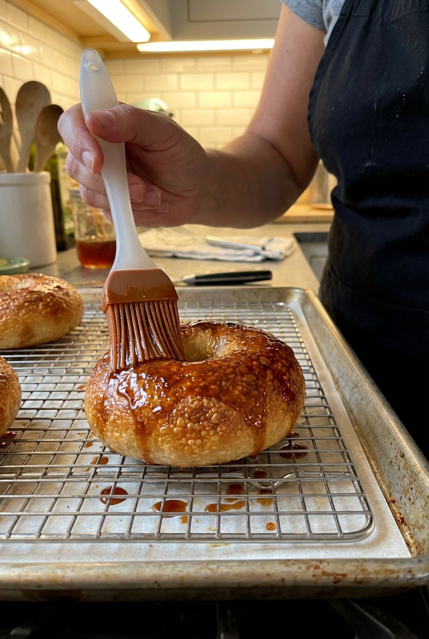 A real photograph of a hand brushing honey chili glaze onto a hot sourdough bagel on a wire rack with a baking sheet underneath