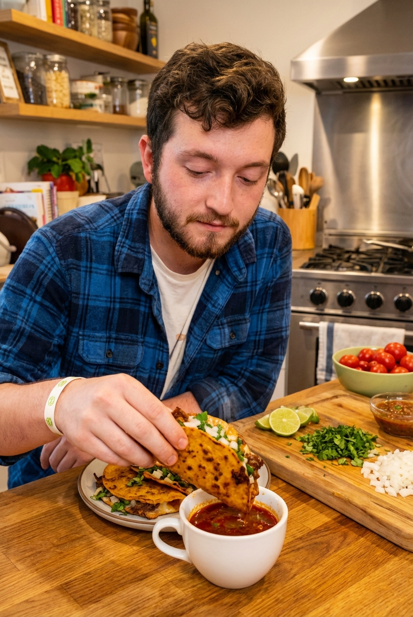 A real photograph of a hand dipping a crispy birria taco into a cup of red birria broth at a kitchen counter