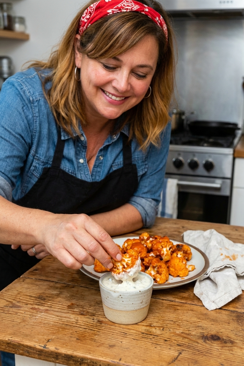 A real photograph of a hand dipping a crispy buffalo cauliflower bite into a cup of blue cheese dressing on a wooden table