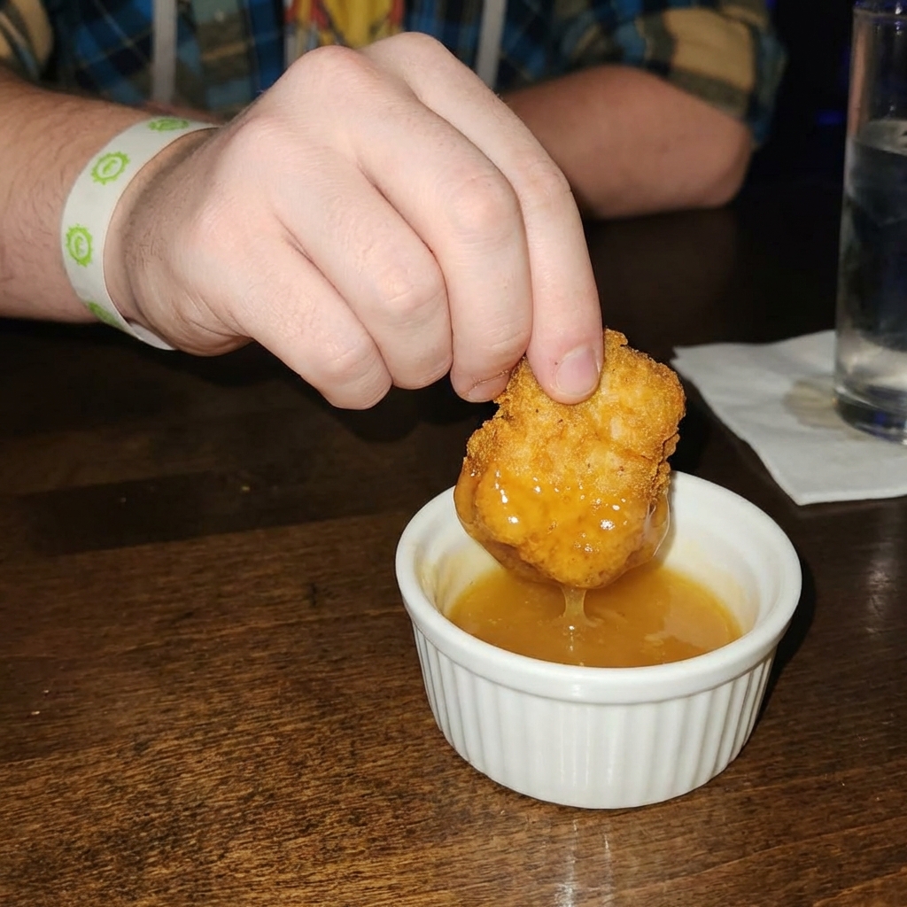 A real photograph of a hand dipping a crispy chicken nugget into warm honey butter sauce