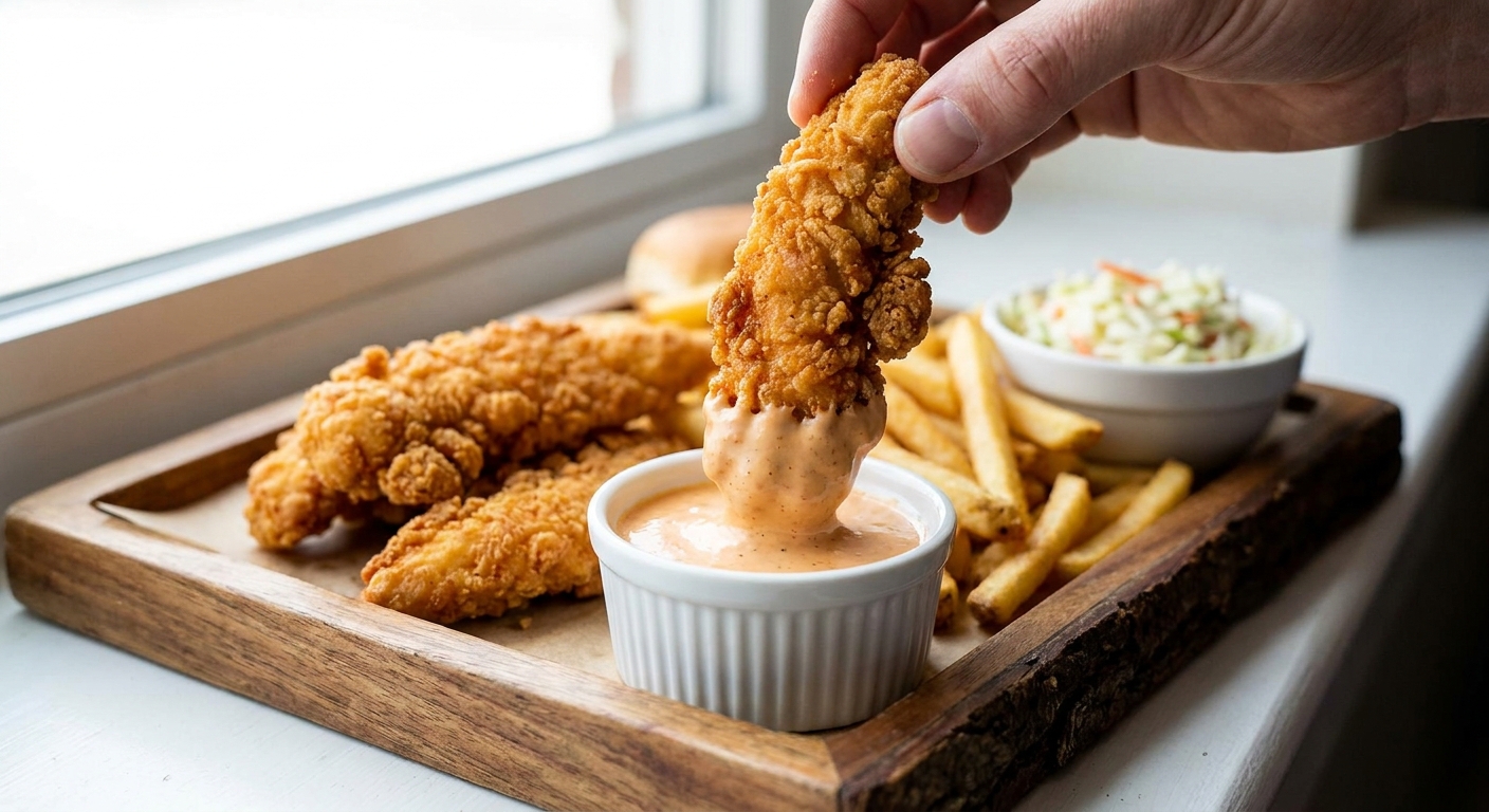 A real photograph of a hand dipping a crispy chicken finger into a small cup of creamy orange-tinted dipping sauce on a serving tray