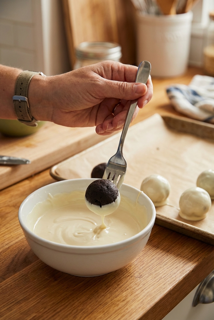A real photograph of a hand dipping an Oreo ball into melted white chocolate using a fork over a bowl