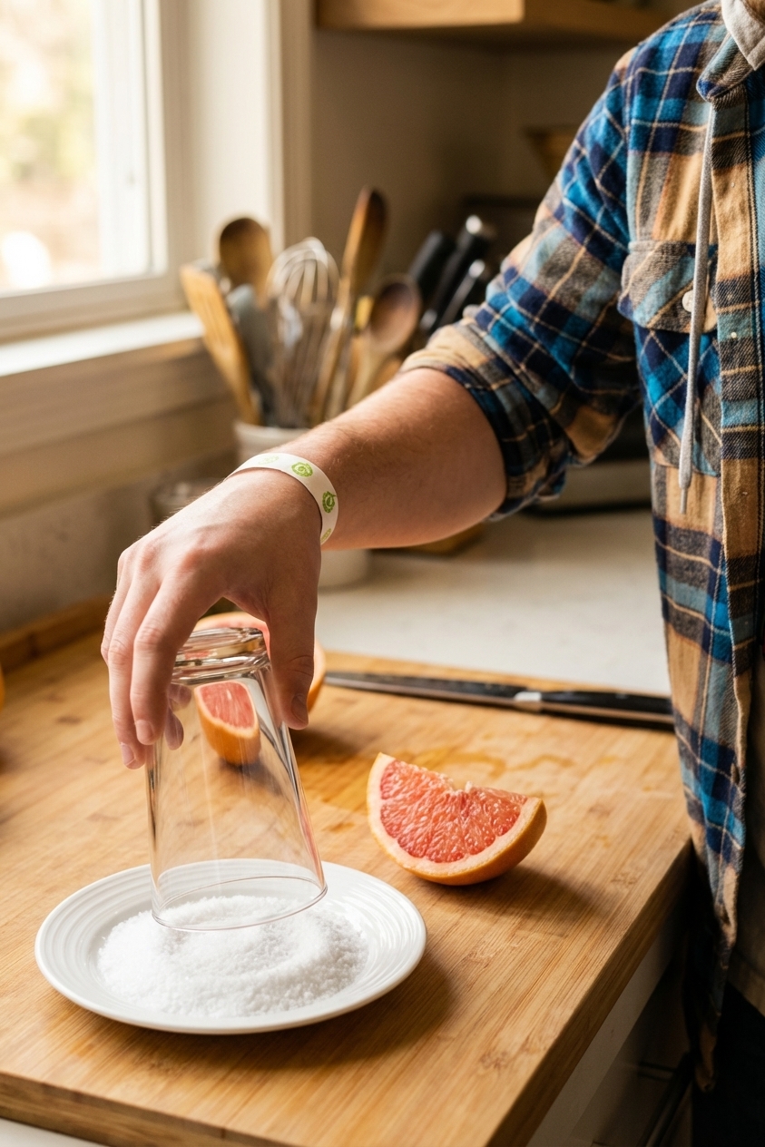 A real photograph of a hand dipping the rim of a highball glass into a plate of kosher salt with a grapefruit wedge nearby