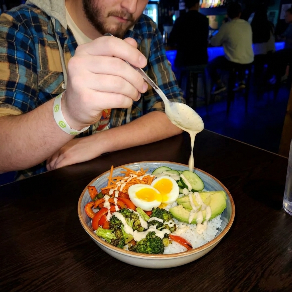 A real photograph of a hand drizzling creamy sauce over a colorful vegetable rice bowl with soft-boiled egg halves