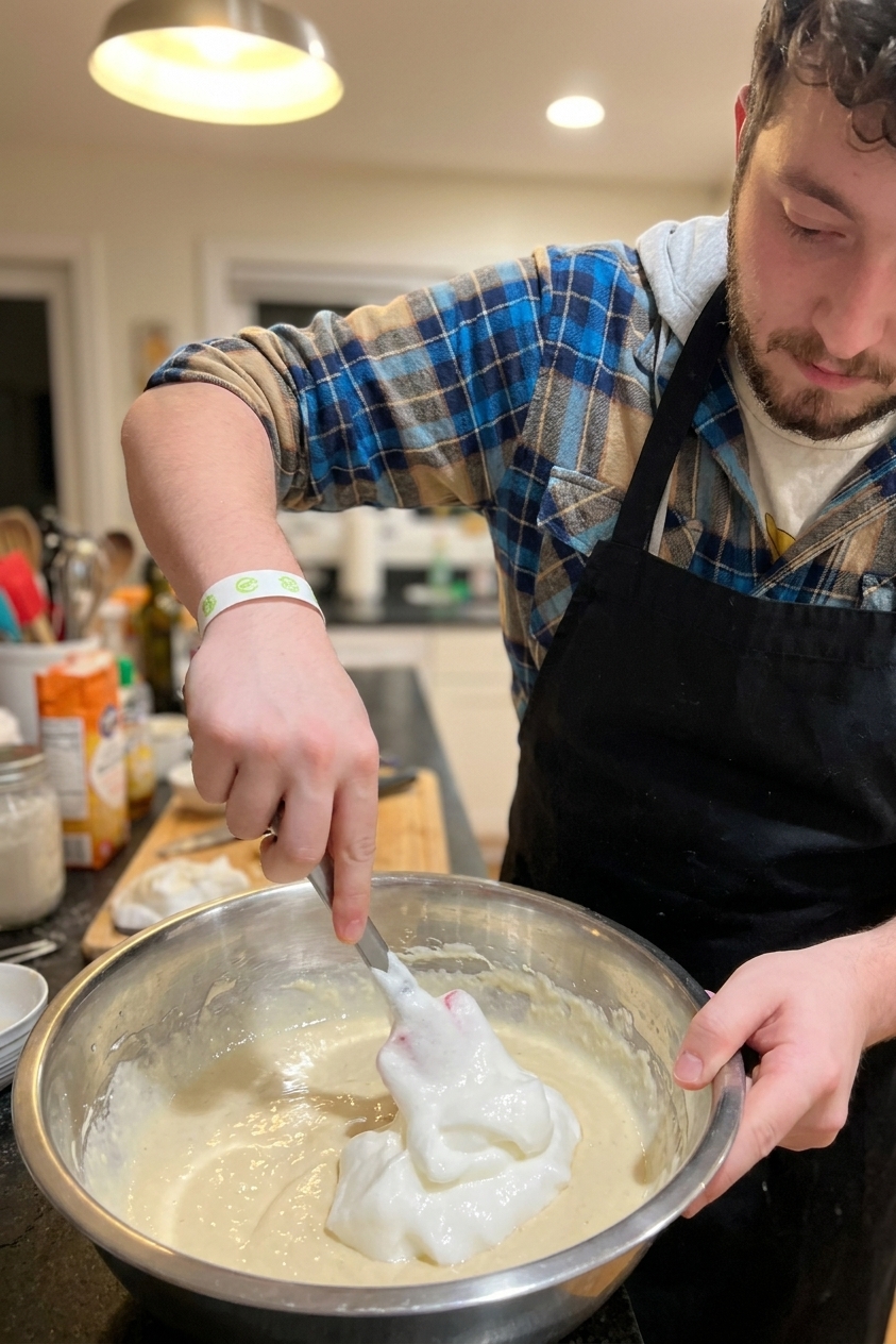 A real photograph of a hand folding glossy whipped egg white meringue into pale pancake batter in a stainless steel mixing bowl