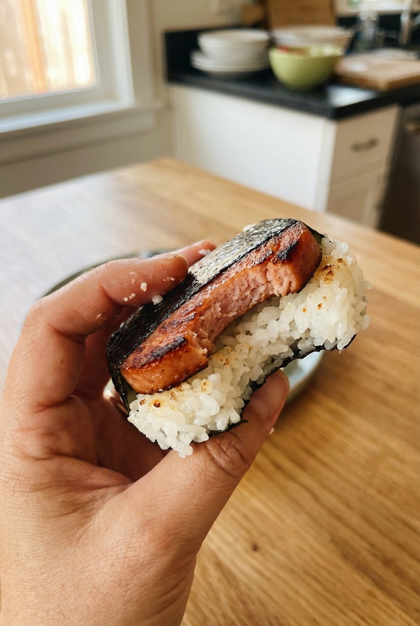 A real photograph of a hand holding a musubi half with visible layers of rice, seared spam, and nori