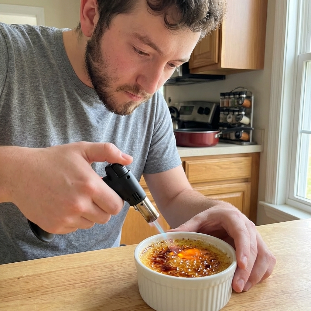 A real photograph of a hand holding a small kitchen torch aimed at the sugar topping of a crème brûlée in a white ramekin, the sugar bubbling and turning amber, close-up in a home kitchen
